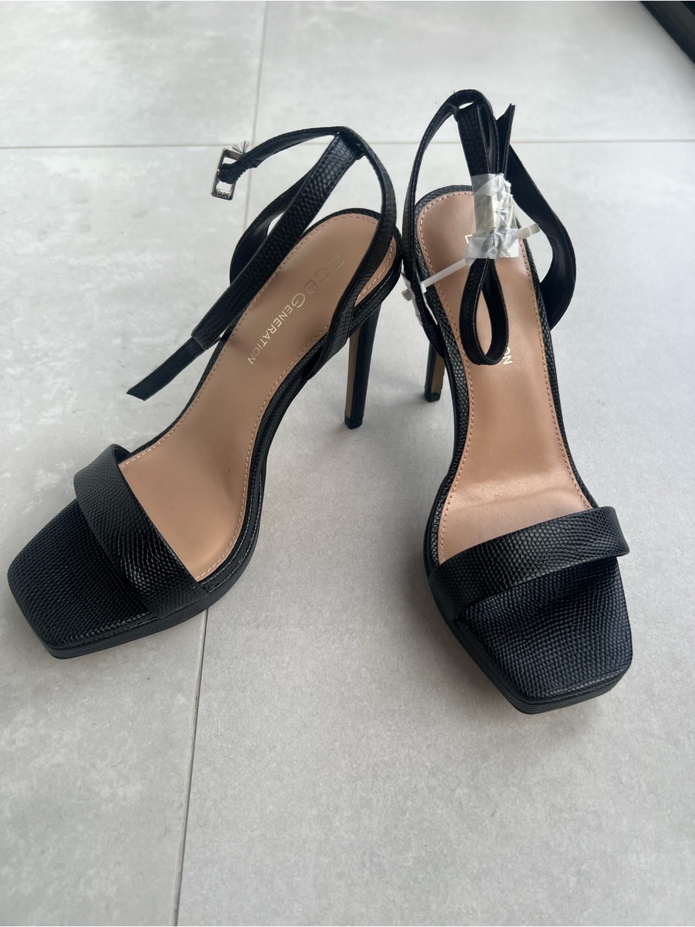BCBGeneration Black Textured Ankle-Strap Stiletto Sandals